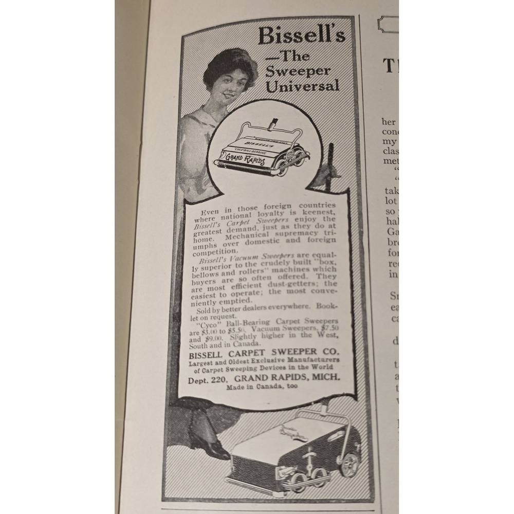 1916 Bissell Universal Carpet Sweeper Grand Rapids Antique Print Advertising